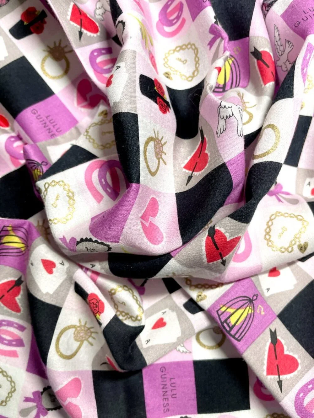 Lulu Guinness London Scarf – Retro Pink Check Pattern, Ruffle Border - Picture 3 of 12